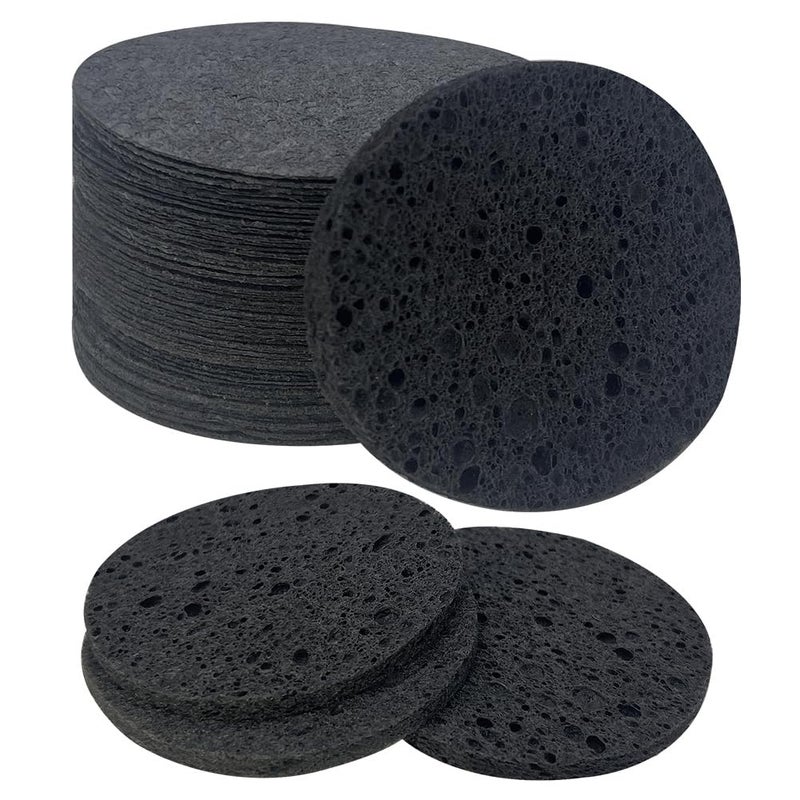 Spunspon 50Count Facial Sponges Compressed Natural Cellulose Sponge Round Shape Face Sponge for Face Cleansing Exfoliating and Makeup Removal Black